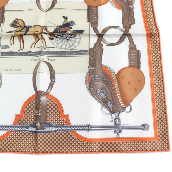 Hermes 25SS Gavroche Twill Caric-a-pomp 100% Silk Blanc/orange/brun Scarf With - Picture 5 of 11